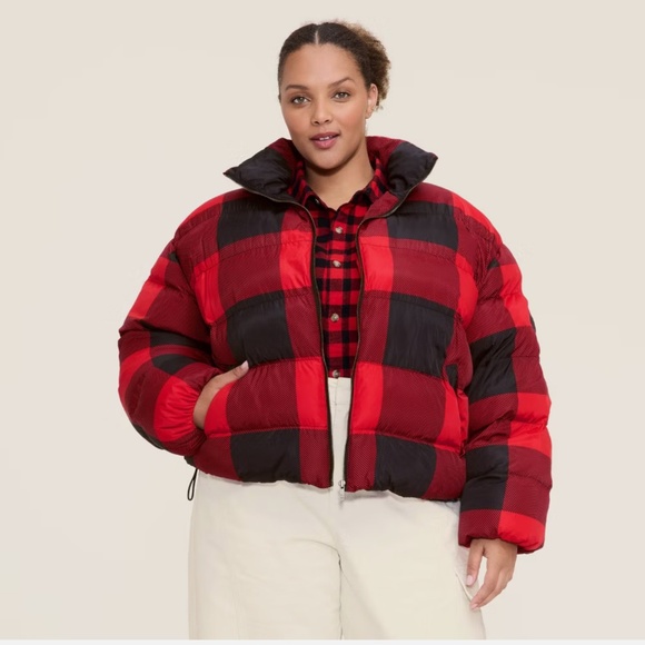 Women's Buffalo Check Puffer Jacket - Woolrich Red/Black 1X - Picture 2 of 5